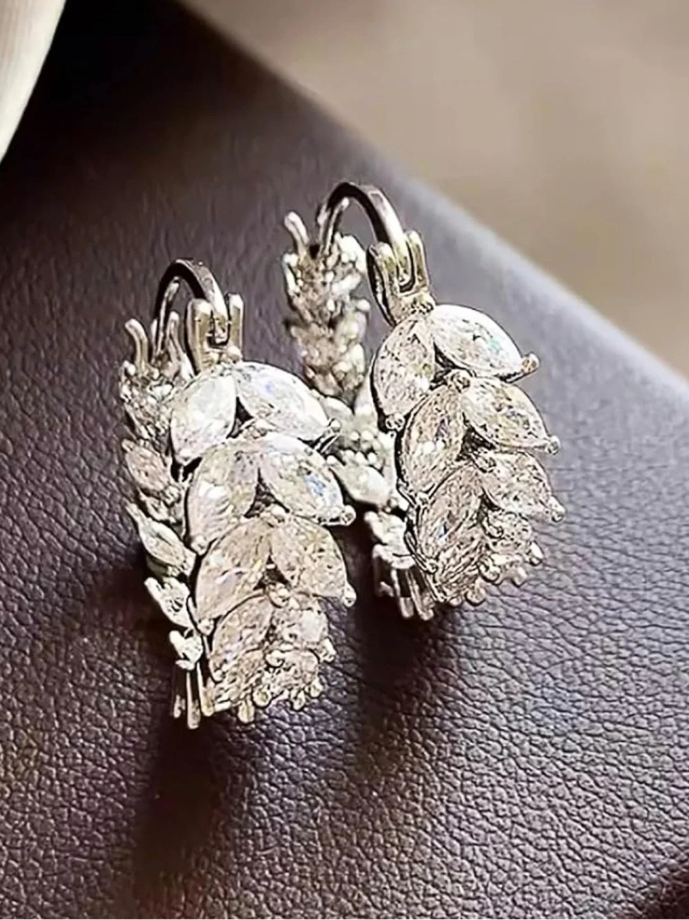 White Crystal Leaf Hoop Earrings - Elegant Women Jewelry. NWT.
